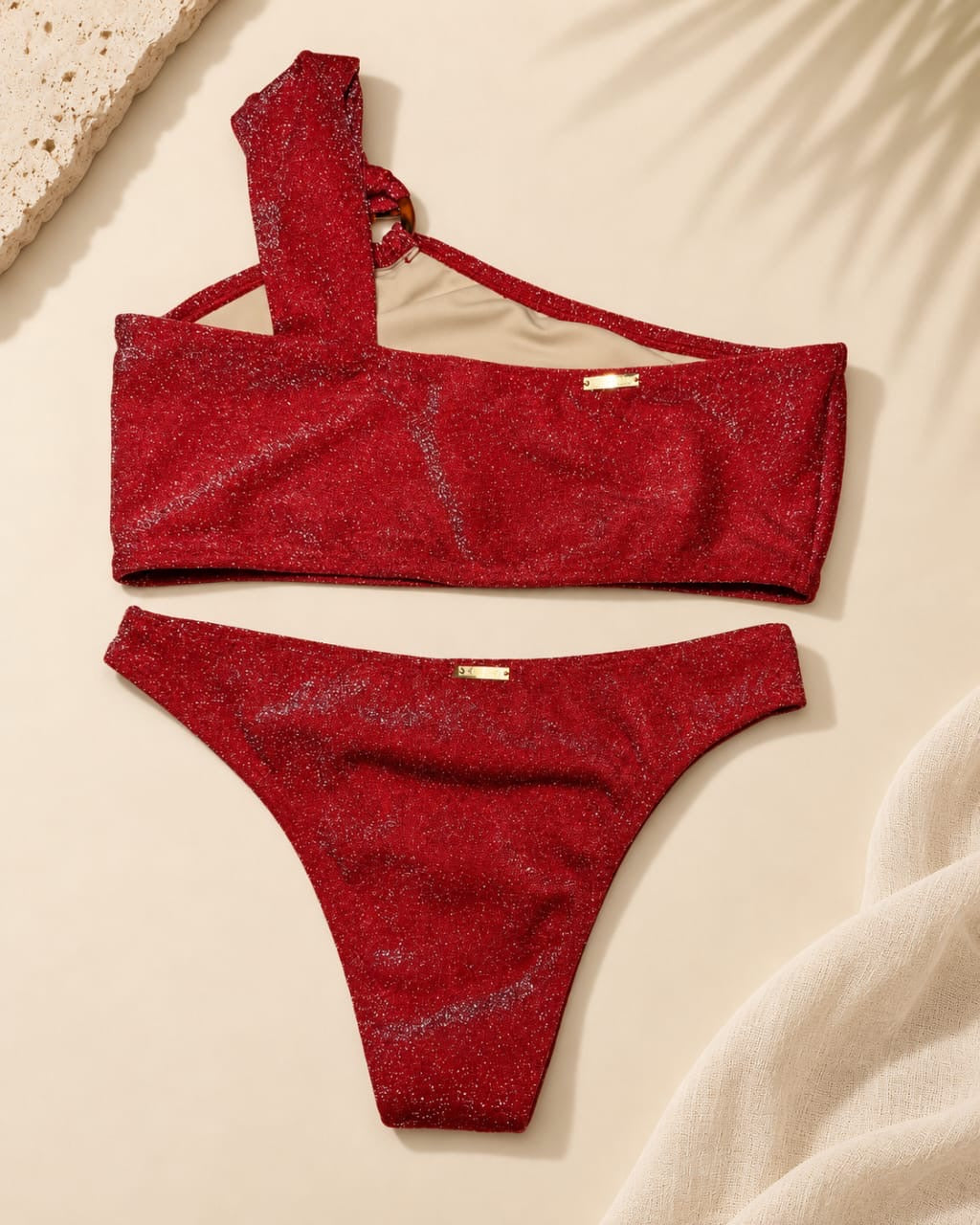 RUBY – One-Shoulder Lurex Bikini Set with O-Ring Detail