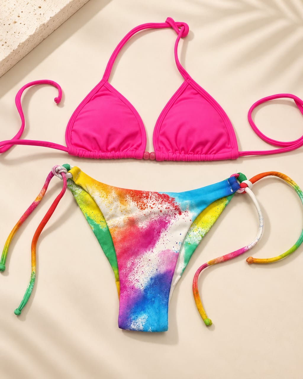 Hot Pink Top & Tie-Dye Double String Bottom Set